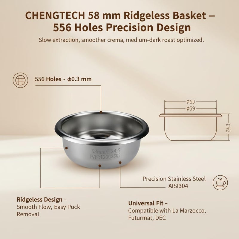 Chengtech 58mm Espresso Filter Basket 18g – Ridgeless Portafilter Basket, 556 Holes Slow Extraction, Universal Stainless Steel, Compatible with La Marzocco, Futurmat, DEC - Image 1